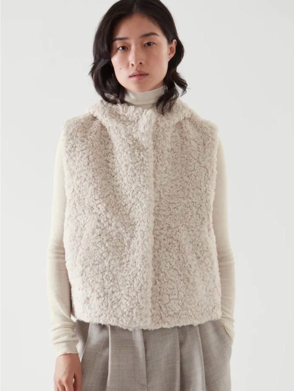 COS Hooded Faux Shearling Teddy Vest in Light Cream